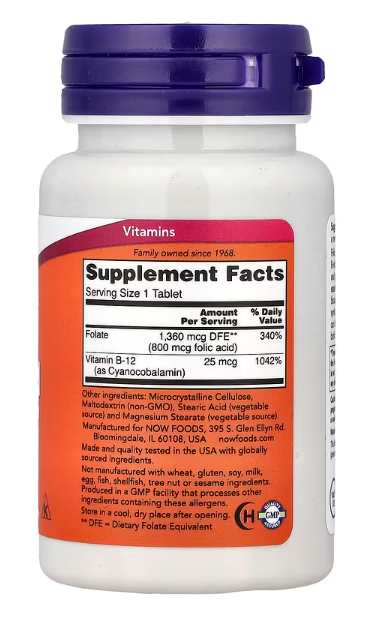 NOW Supplements Folic Acid 800 mcg plus B-12 25 mcg supplement facts label showing serving size and B vitamin amounts per tablet
