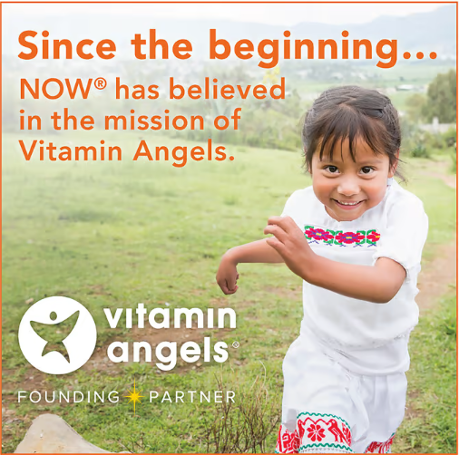 NOW Supplements Folic Acid 800 mcg Vitamin Angels partnership graphic highlighting NOW Foods charitable giving initiative