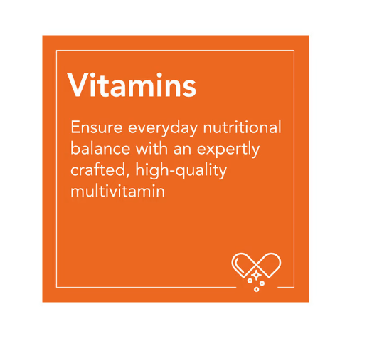 NOW Supplements Folic Acid 800 mcg vitamins category graphic promoting high-quality multivitamin and B complex support