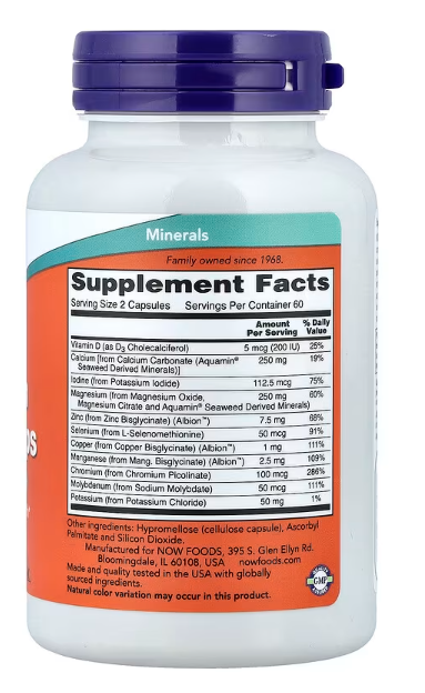 NOW Foods Full Spectrum Minerals supplement facts and ingredient label