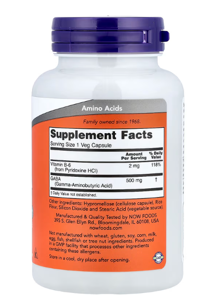 NOW Foods GABA 500 mg with Vitamin B-6 supplement facts label 100 veg capsules