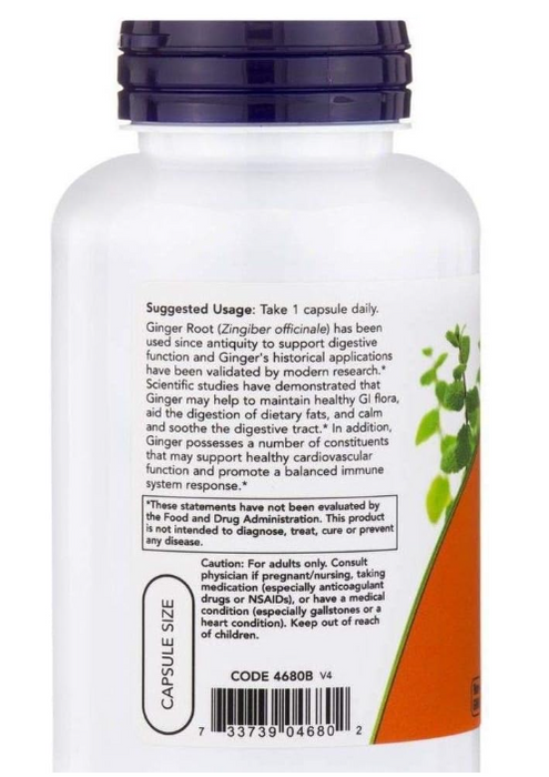 NOW Foods Ginger Root 550 mg supplement bottle back label showing suggested usage and product information