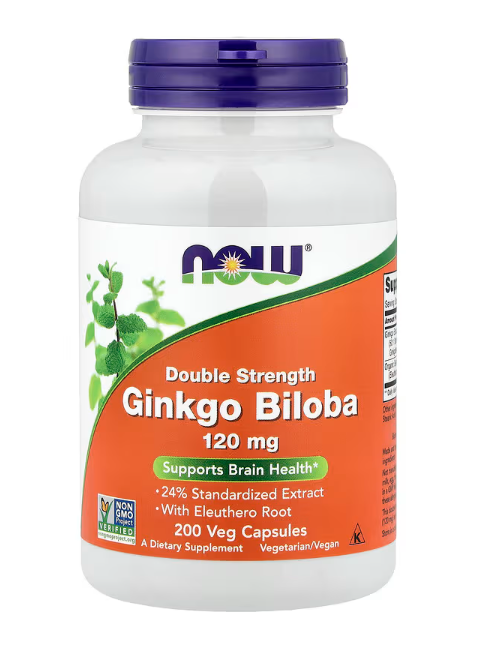 NOW Foods Ginkgo Biloba 120 mg double strength herbal supplement bottle front label 200 veg capsules