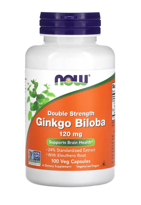 NOW Foods Ginkgo Biloba 120 mg double strength with Eleuthero Root bottle front label 100 veg capsules