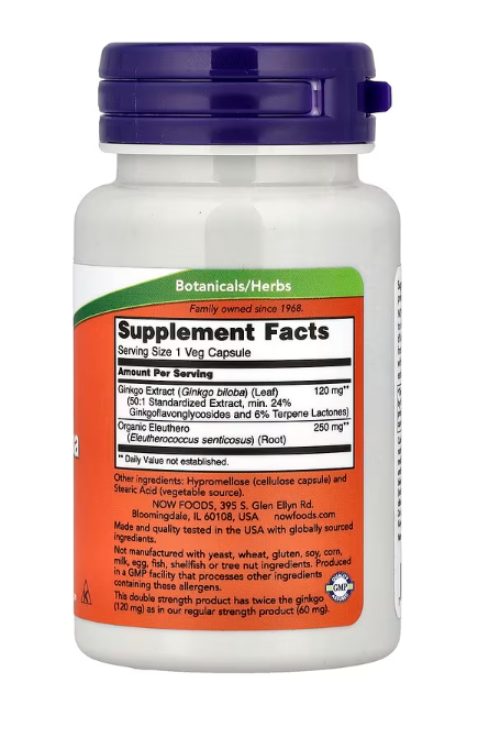 NOW Foods Ginkgo Biloba with Eleuthero Root 120 mg supplement facts label 50 veg capsules