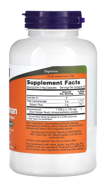 NOW Foods Glucomannan 575 mg supplement facts panel and ingredient list 180 Capsules