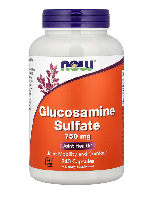 NOW Foods Glucosamine Sulfate supplement facts label showing 750 mg per capsule 240 capsules