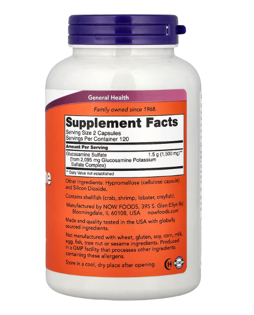 NOW Foods Glucosamine Sulfate supplement facts label showing 750 mg per capsule 240 capsules