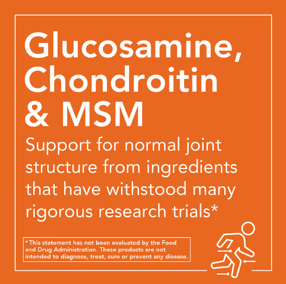 NOW Foods joint support graphic featuring glucosamine chondroitin and MSM for cartilage and joint structure support