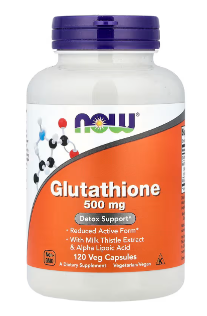 NOW Foods Glutathione 500 mg antioxidant supplement bottle 120 veg capsules with milk thistle extract and alpha lipoic acid