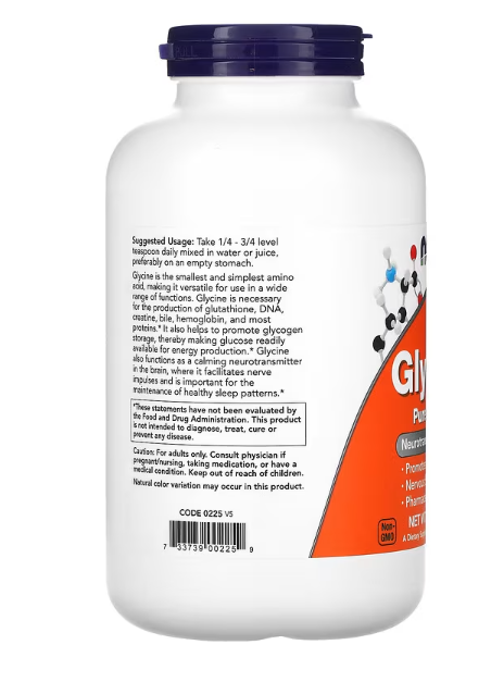 NOW Foods Glycine Pure Powder fine white amino acid powder scoop