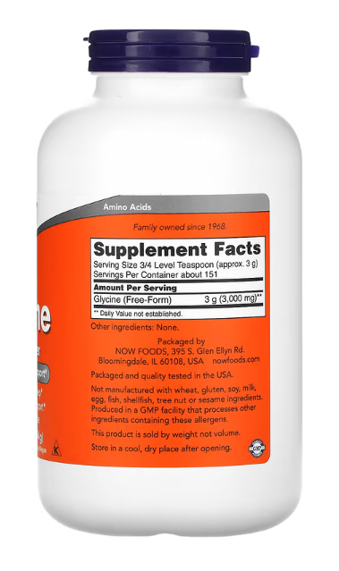 NOW Foods Glycine Pure Powder supplement facts label showing amino acid glycine serving size