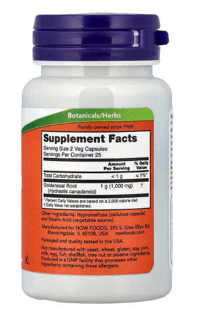 NOW Foods Goldenseal Root supplement facts panel with dosage and ingredient information