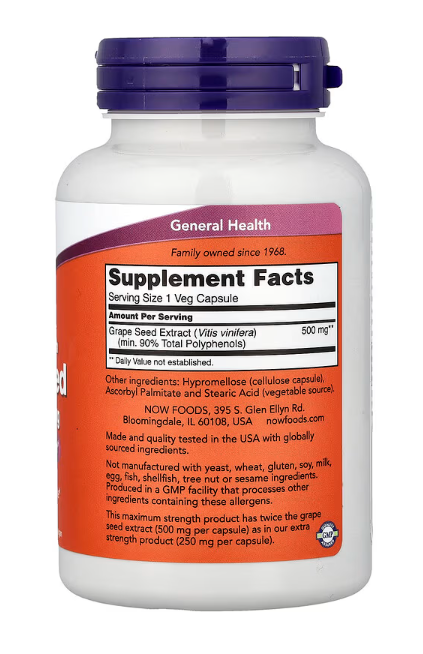 NOW Foods Grape Seed Extract 500 mg veg capsules supplement facts label