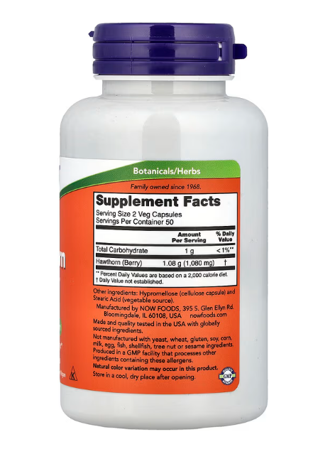 NOW Foods Hawthorn Berry 540 mg, 100 Veg Capsules supplement facts label
