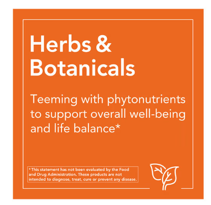 NOW Foods herbs and botanicals graphic emphasizing phytonutrients for overall well-being and balanced support.