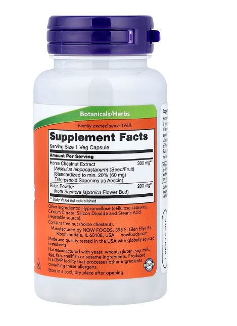 NOW Foods Horse Chestnut supplement facts panel showing extract and rutin dosage information