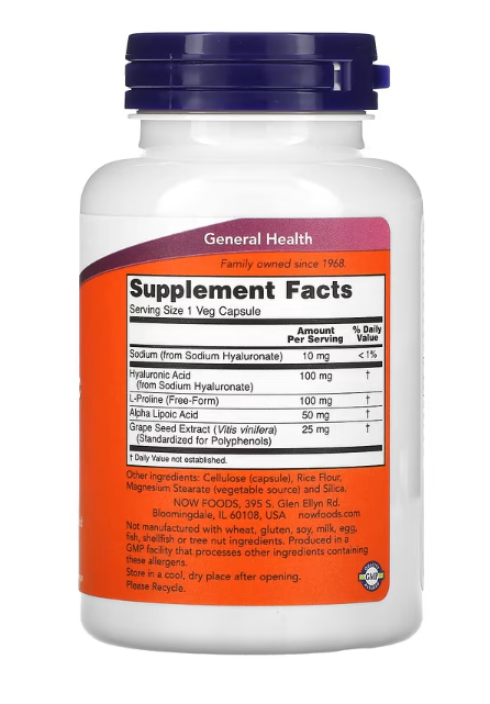  NOW Foods Hyaluronic Acid 100 mg veg capsules supplement panel label