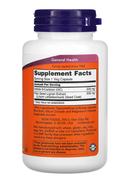 NOW Foods Indole-3-Carbinol 200 mg 60 veg capsules supplement facts panel