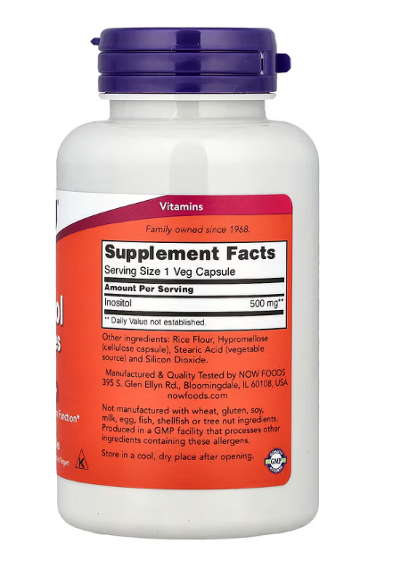 NOW Foods Inositol 500 mg supplement facts label bottle 100 veg capsules