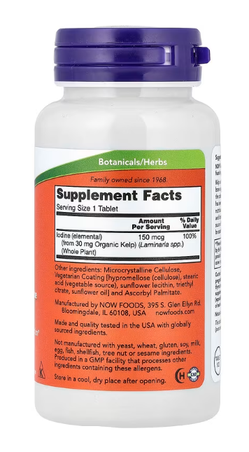 NOW Supplements Kelp 150 mcg Supplement Facts panel showing natural iodine content per tablet
