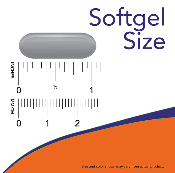 NOW Foods Krill 1000 softgel size comparison chart showing single red softgel next to