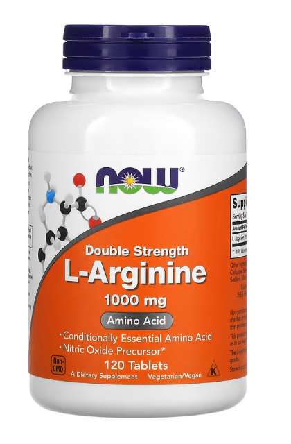 NOW Foods Double Strength L-Arginine 1,000 mg 120 tablets front label nitric oxide precursor amino acid