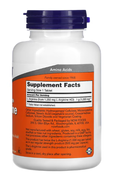 NOW Foods L-Arginine 1,000 mg 120 tablets supplement facts panel