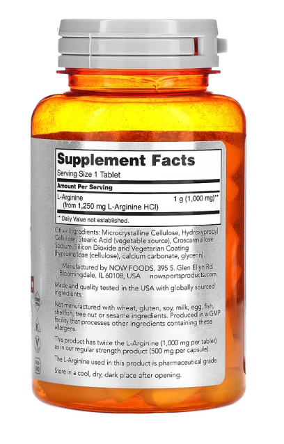 NOW Foods L-Arginine 1,000 mg 60 tablets supplement facts panel on amber bottle
