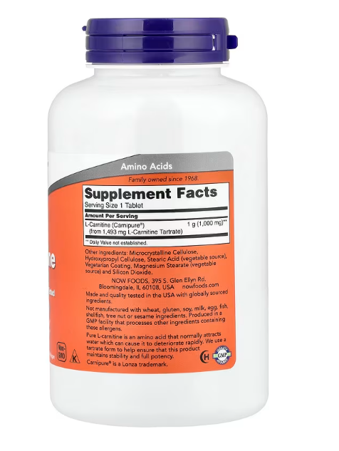 NOW Foods L Carnitine supplement facts label 500 mg capsules directions 100 Tablets