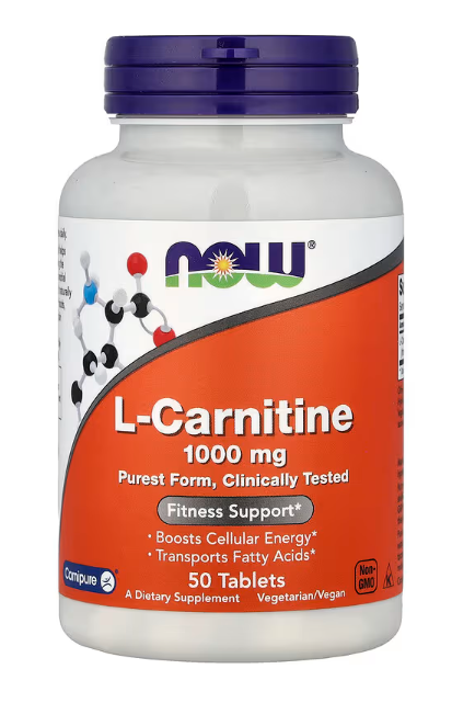 NOW Foods L Carnitine 500 mg front bottle amino acid supplement veg capsules 50 Tablets