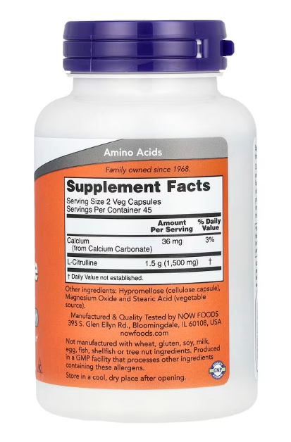 NOW Foods L Citrulline supplement facts label 750 mg capsules directions 90 Veg Capsules