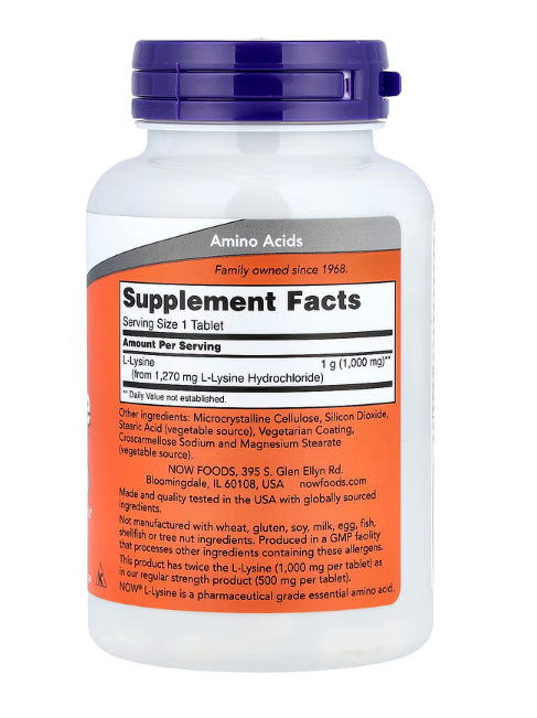NOW Foods L-Lysine 1,000 mg 100 tablets supplement facts label