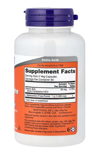 NOW Foods L-Methionine 500 mg with Vitamin B-6 supplement facts label 100 veg capsules