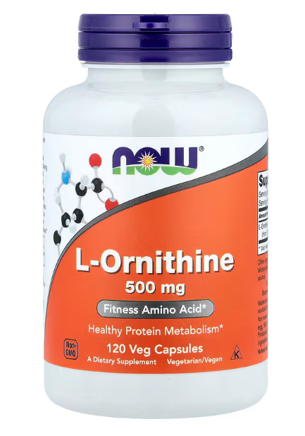NOW Foods L-Ornithine 500 mg 120 Veg Capsules bottle front label amino acid supplement