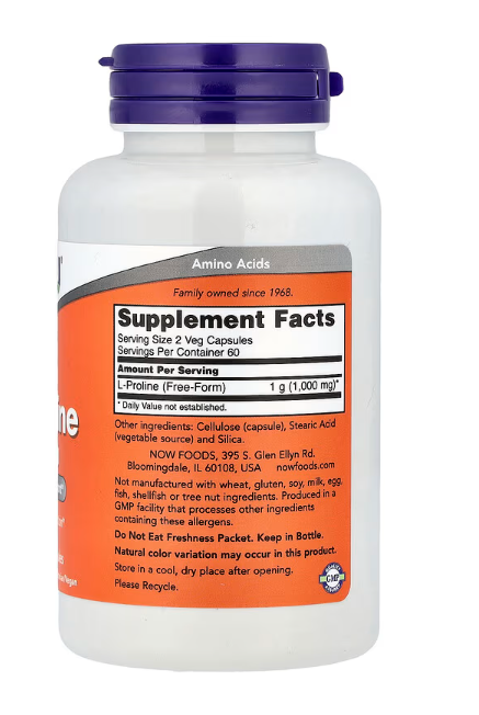 NOW Supplements L-Proline 500 mg supplement facts panel and ingredient list 120 Veg Capsules