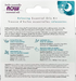 NOW Foods Let There Be Peace & Quiet Relaxing Essential Oils Kit back label showing ingredients, usage directions, and oil descriptions.