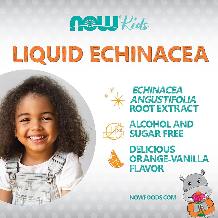 NOW Kids Liquid Echinacea immune support graphic highlighting alcohol-free and kid-friendly formula