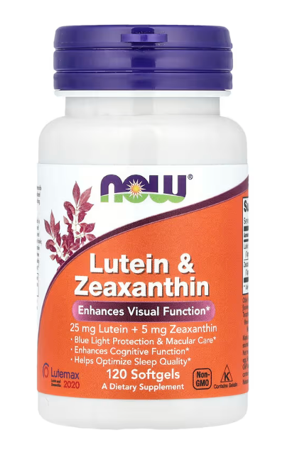 NOW Supplements Lutein and Zeaxanthin 25 mg 5 mg 120 softgels eye health support front label