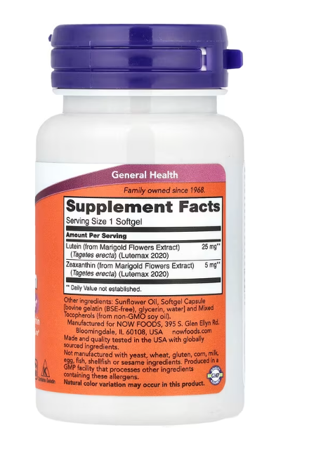 NOW Supplements Lutein and Zeaxanthin 120 softgels supplement facts panel