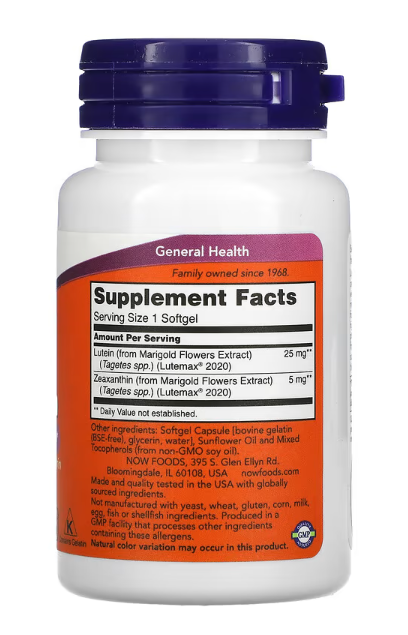 NOW Supplements Lutein and Zeaxanthin 60 softgels supplement facts panel
