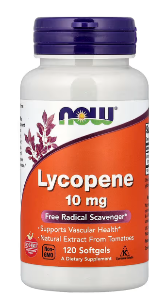 NOW Supplements Lycopene 10 mg, 120 Softgels Supplement Facts panel showing natural tomato extract dosage