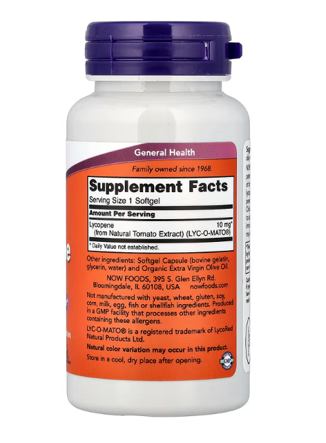 NOW Supplements Lycopene 10 mg, 120 Softgels Supplement Facts panel showing natural tomato extract dosage