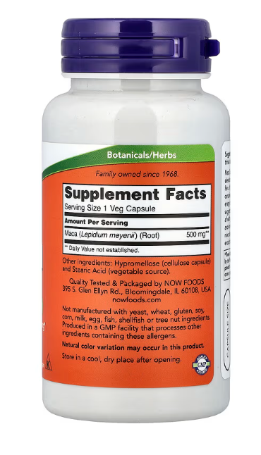 NOW Foods Maca 500 mg supplement facts label showing maca root content