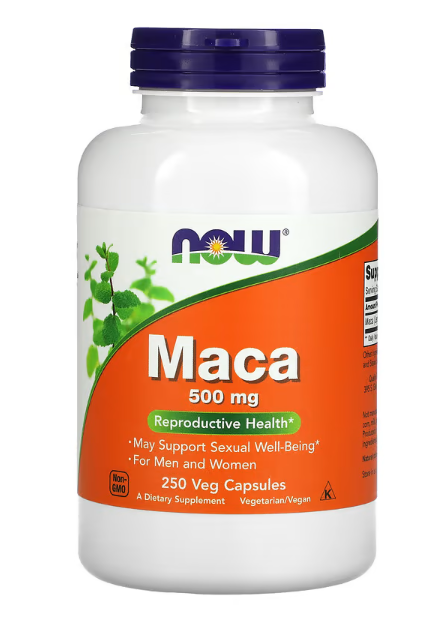 NOW Foods Maca 500 mg bottle front label herbal energy and vitality supplement 250 Veg Capsules