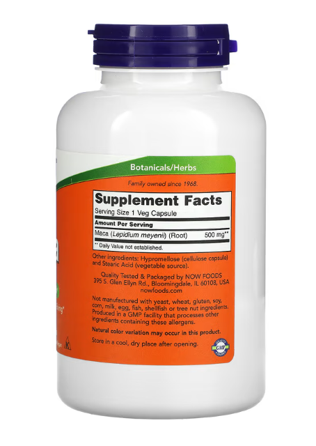 NOW Foods Maca 500 mg bottle front label herbal energy and vitality supplement 250 Veg Capsules
