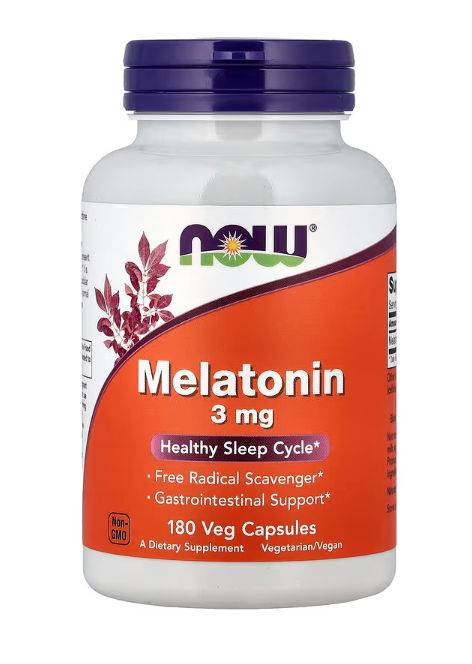 NOW Foods Melatonin 3 mg bottle front label sleep support supplement 180 Veg Capsules