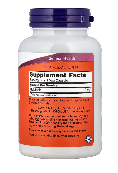 NOW Foods Melatonin 3 mg supplement facts label showing sleep support hormone melatonin 180 Veg Capsules
