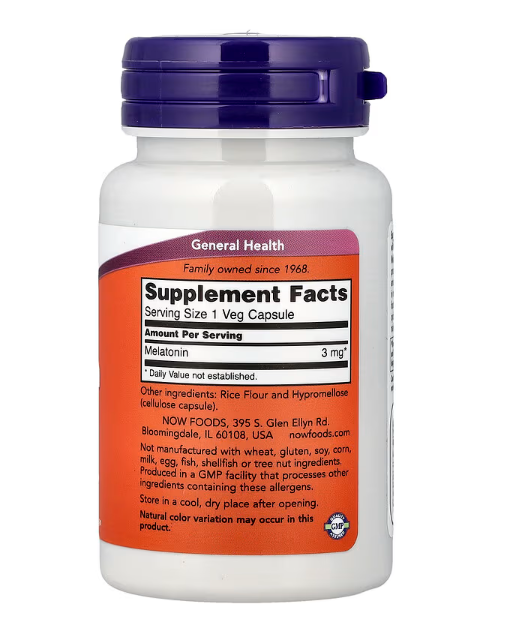 NOW Foods Melatonin 3 mg supplement facts label showing sleep support hormone melatonin Supplement Facts