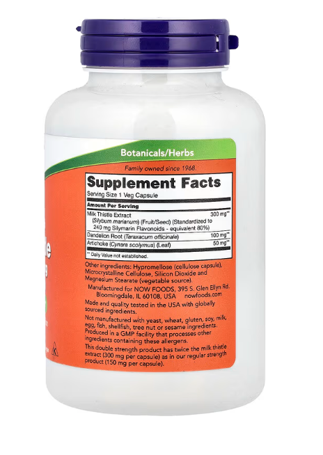 NOW Foods Milk Thistle Extract 300 mg veg capsules supplement facts label